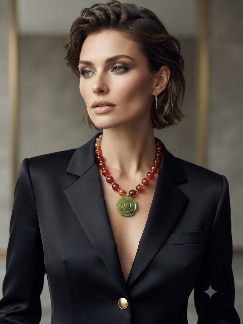 Handcrafted Red Agate Bead Necklace with Green Jade Rose Pendant